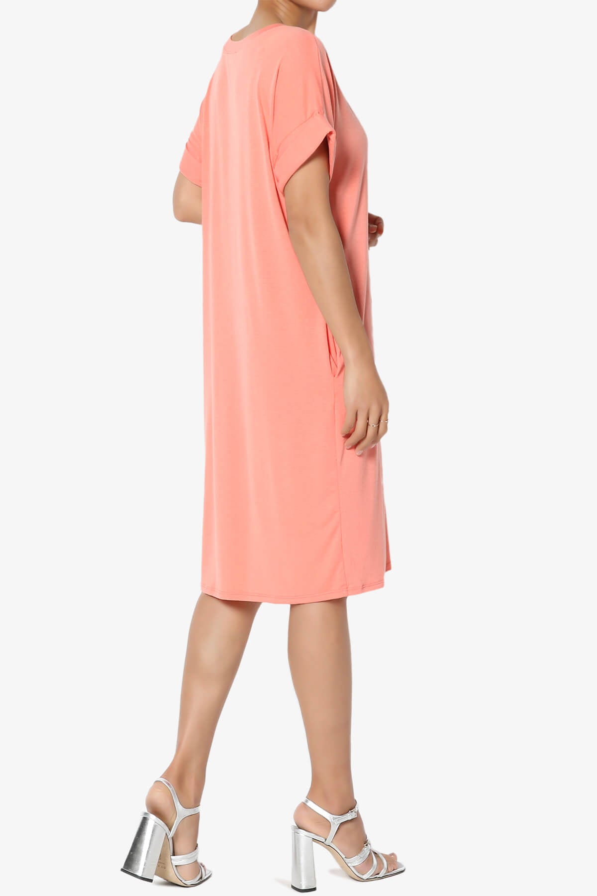 Cliff Rolled Short Sleeve V-Neck Dress CORAL_4