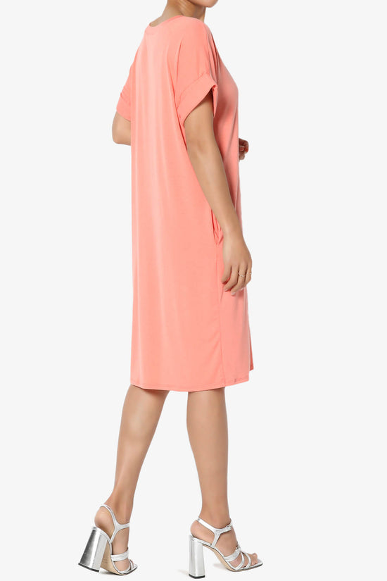 Cliff Rolled Short Sleeve V-Neck Dress CORAL_4