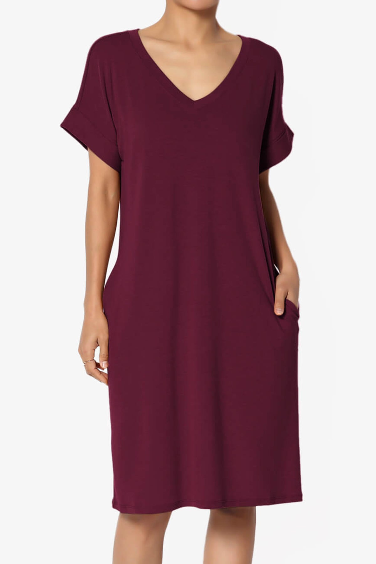 Cliff Rolled Short Sleeve V-Neck Dress DARK BURGUNDY_1