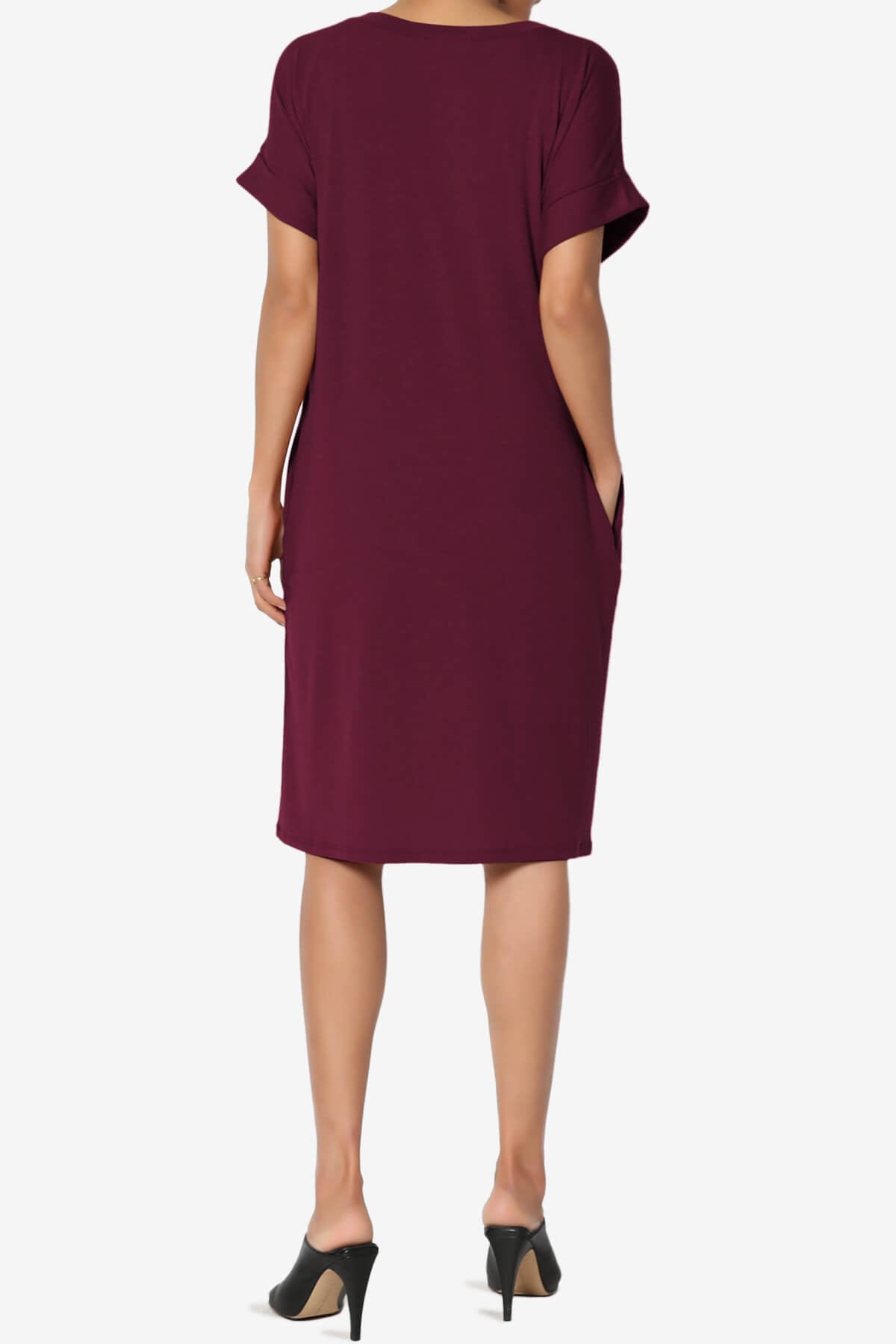 Cliff Rolled Short Sleeve V-Neck Dress DARK BURGUNDY_2