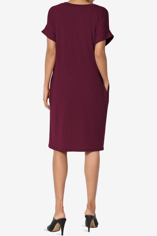 Cliff Rolled Short Sleeve V-Neck Dress DARK BURGUNDY_2