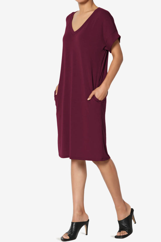 Cliff Rolled Short Sleeve V-Neck Dress DARK BURGUNDY_3
