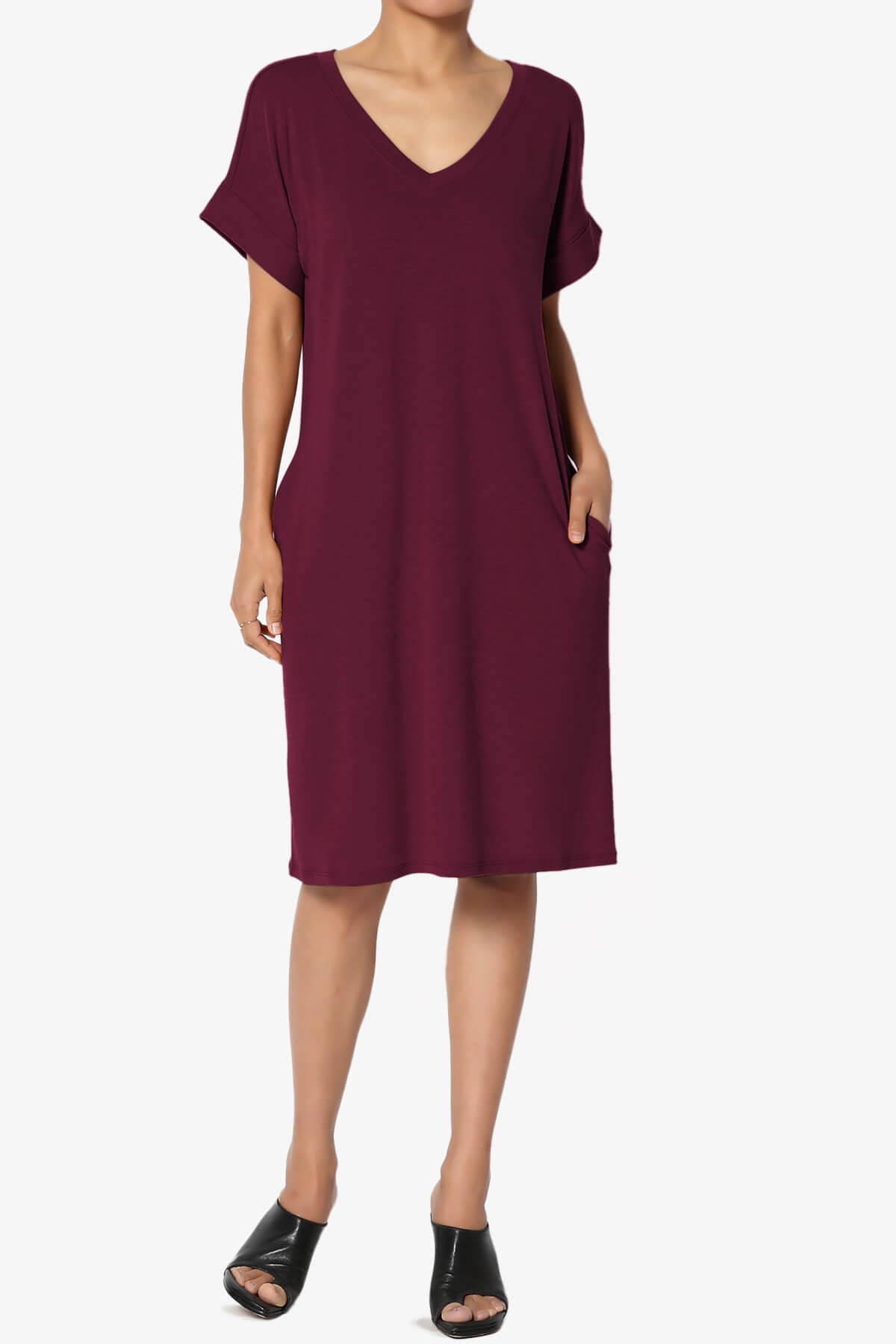 Cliff Rolled Short Sleeve V-Neck Dress DARK BURGUNDY_6