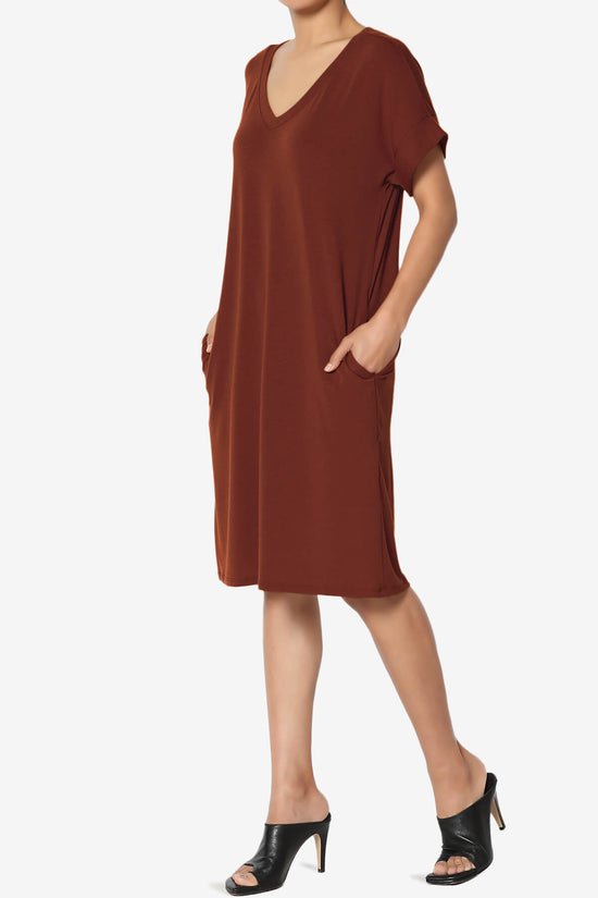 Cliff Rolled Short Sleeve V-Neck Dress DARK RUST_3