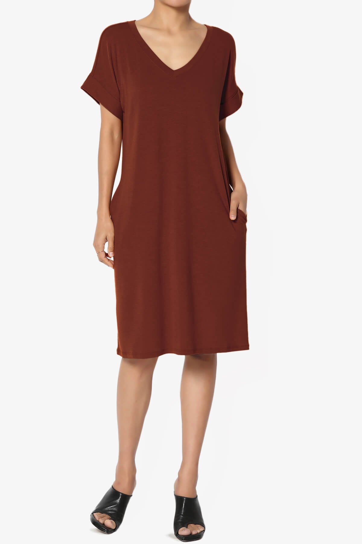 Cliff Rolled Short Sleeve V-Neck Dress DARK RUST_6