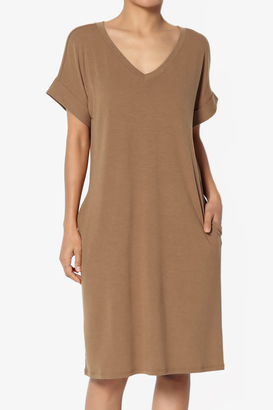 Cliff Rolled Short Sleeve V-Neck Dress DEEP CAMEL_1