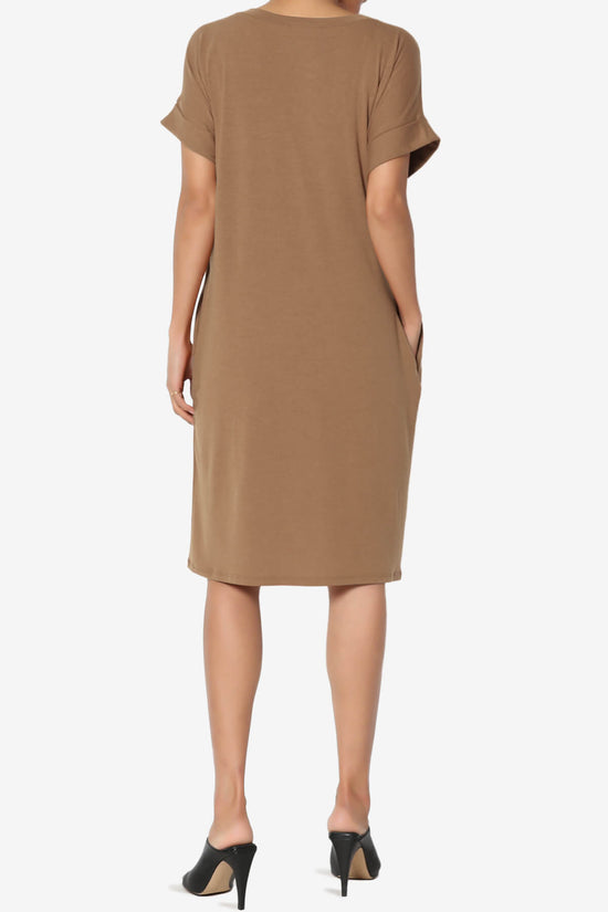 Cliff Rolled Short Sleeve V-Neck Dress DEEP CAMEL_2