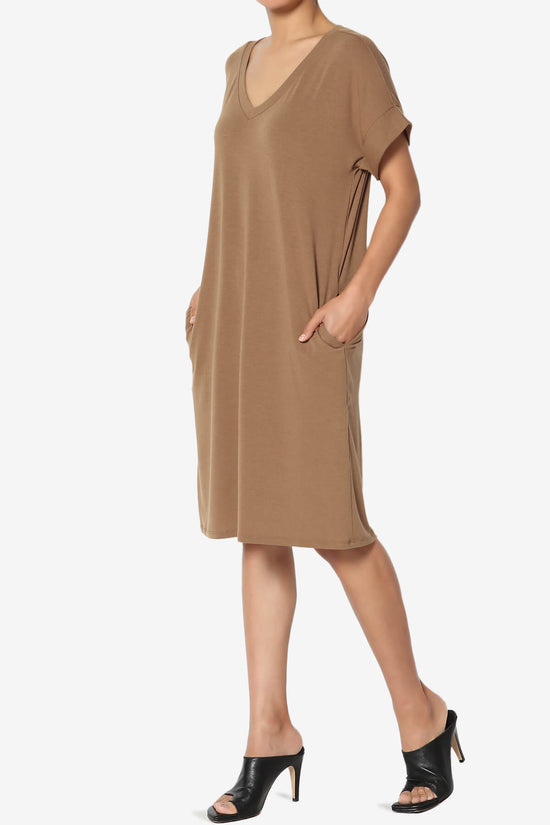 Cliff Rolled Short Sleeve V-Neck Dress DEEP CAMEL_3