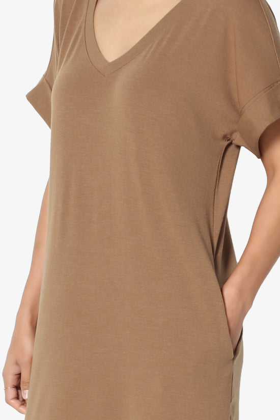 Cliff Rolled Short Sleeve V-Neck Dress DEEP CAMEL_5