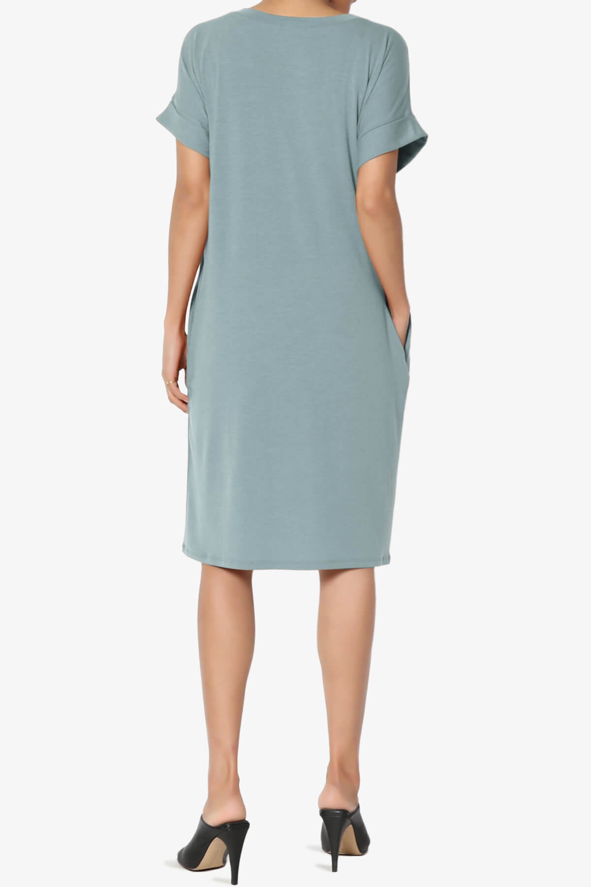 Cliff Rolled Short Sleeve V-Neck Dress DUSTY BLUE_2