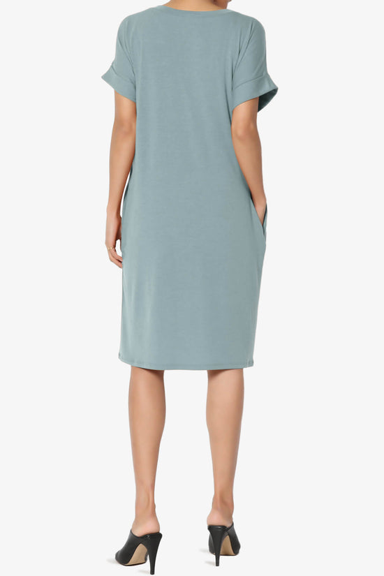 Cliff Rolled Short Sleeve V-Neck Dress DUSTY BLUE_2