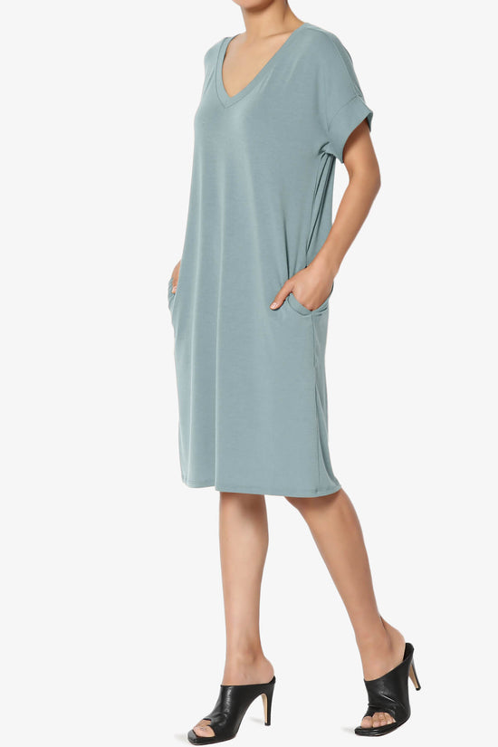 Cliff Rolled Short Sleeve V-Neck Dress DUSTY BLUE_3
