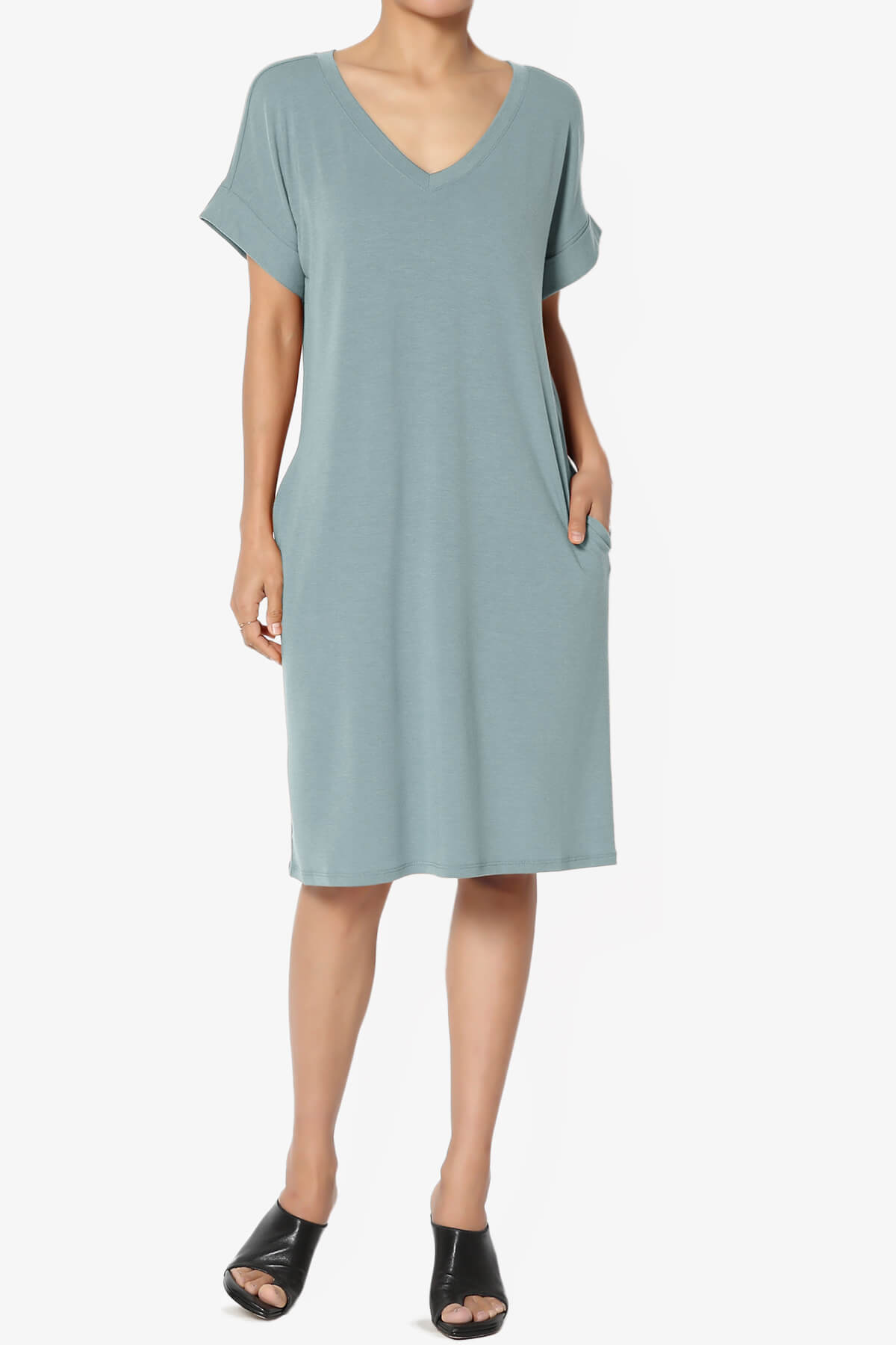 Cliff Rolled Short Sleeve V-Neck Dress DUSTY BLUE_6