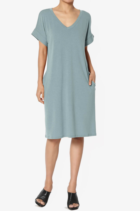 Cliff Rolled Short Sleeve V-Neck Dress DUSTY BLUE_6