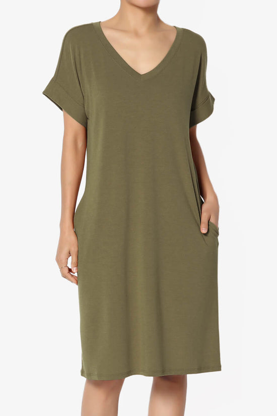 Cliff Rolled Short Sleeve V-Neck Dress DUSTY OLIVE_1