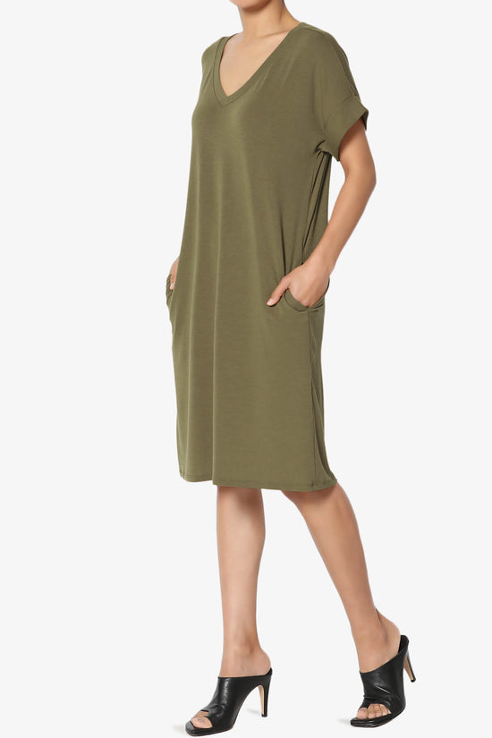 Cliff Rolled Short Sleeve V-Neck Dress DUSTY OLIVE_3