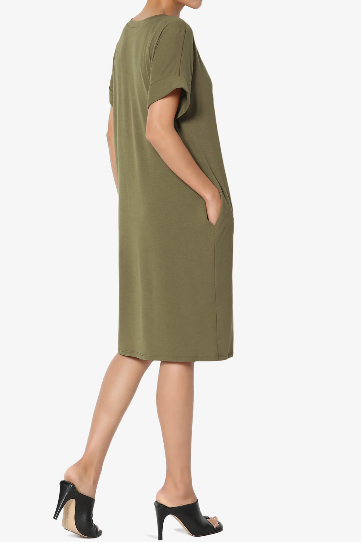 Cliff Rolled Short Sleeve V-Neck Dress DUSTY OLIVE_4