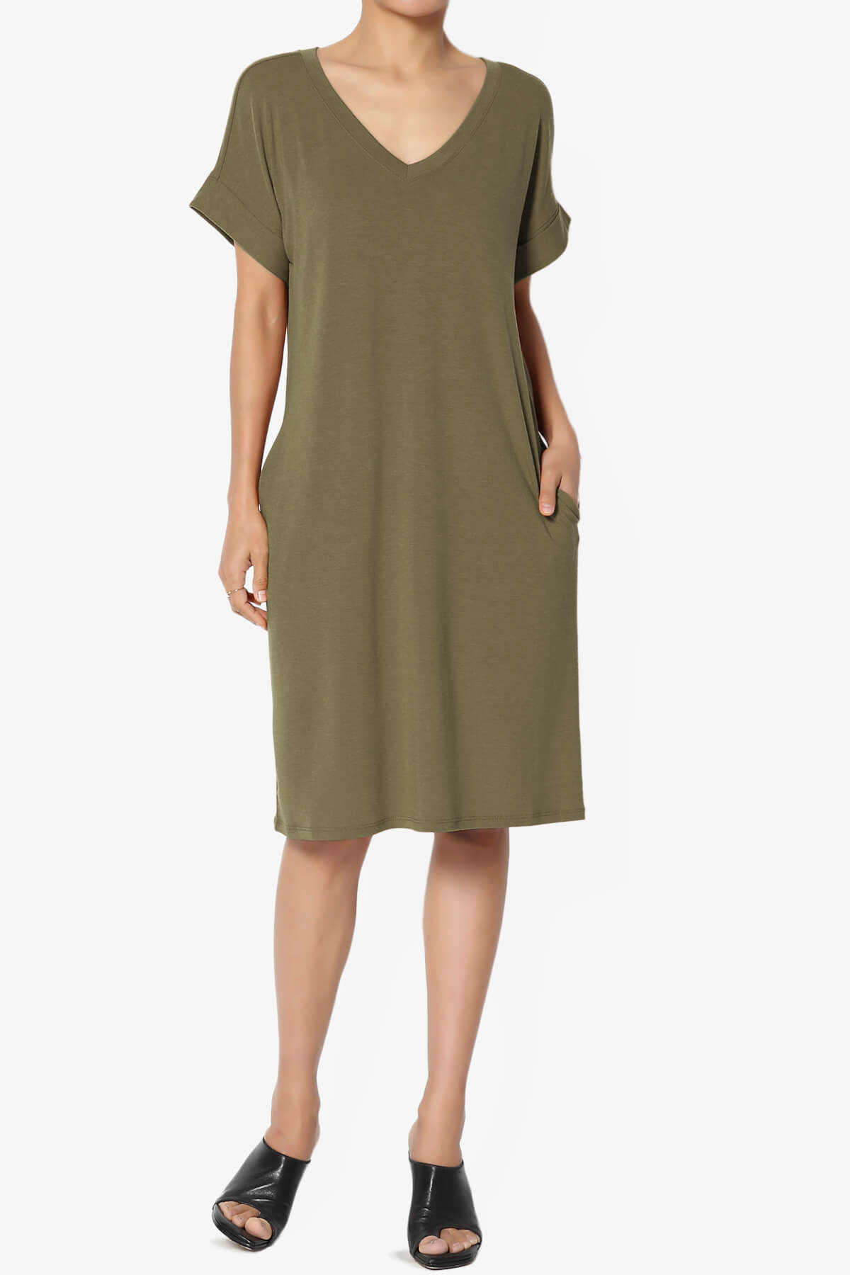 Cliff Rolled Short Sleeve V-Neck Dress DUSTY OLIVE_6