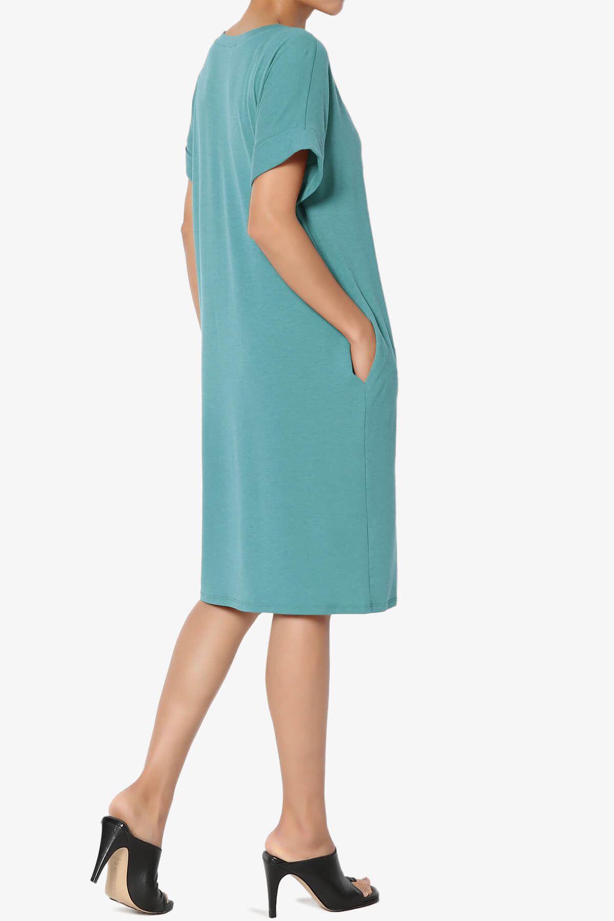 Cliff Rolled Short Sleeve V-Neck Dress DUSTY TEAL_4