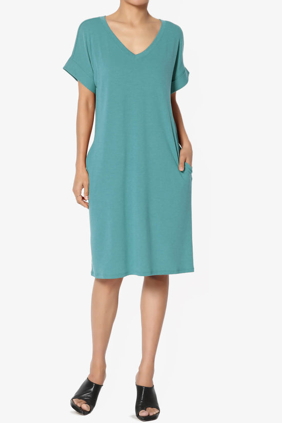 Cliff Rolled Short Sleeve V-Neck Dress DUSTY TEAL_6