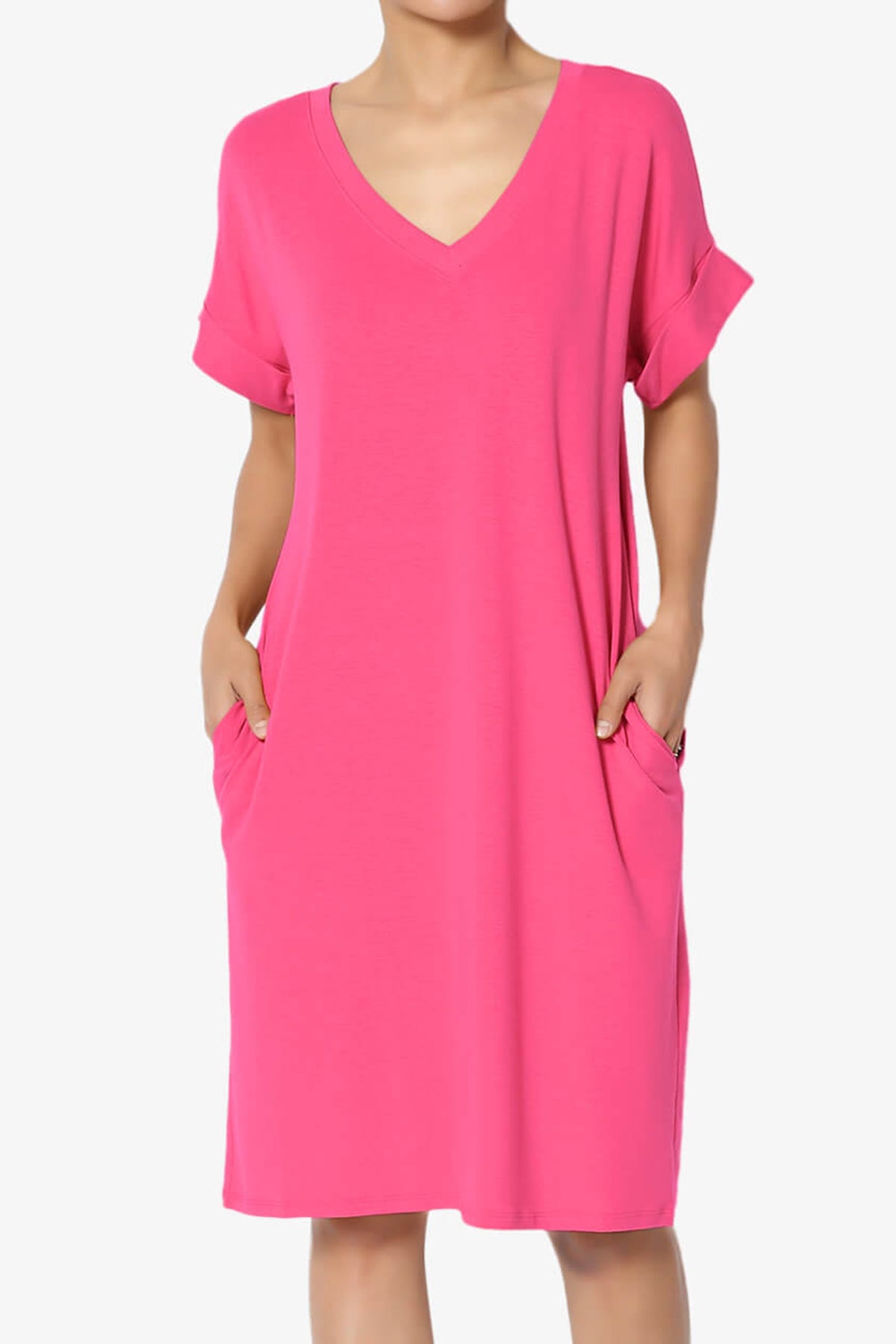 Cliff Rolled Short Sleeve V-Neck Dress FUCHSIA_1