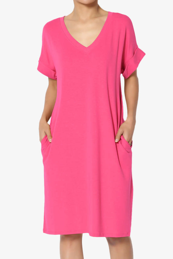 Cliff Rolled Short Sleeve V-Neck Dress FUCHSIA_1