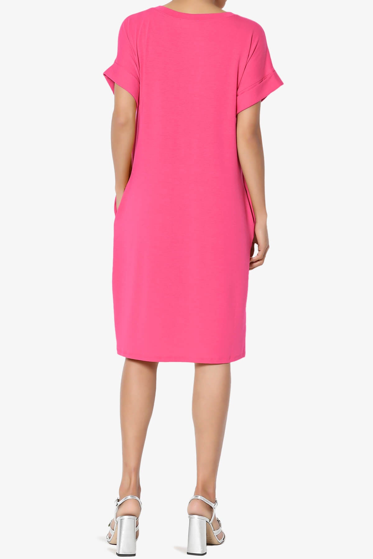 Cliff Rolled Short Sleeve V-Neck Dress FUCHSIA_2