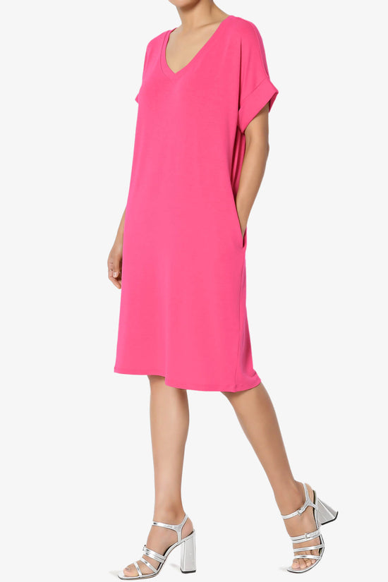 Cliff Rolled Short Sleeve V-Neck Dress FUCHSIA_3