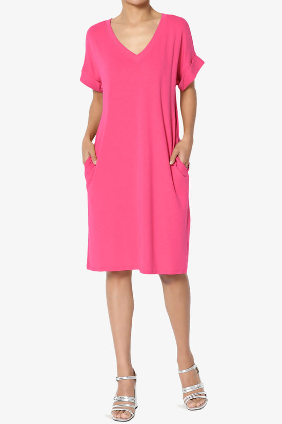 Cliff Rolled Short Sleeve V-Neck Dress FUCHSIA_6