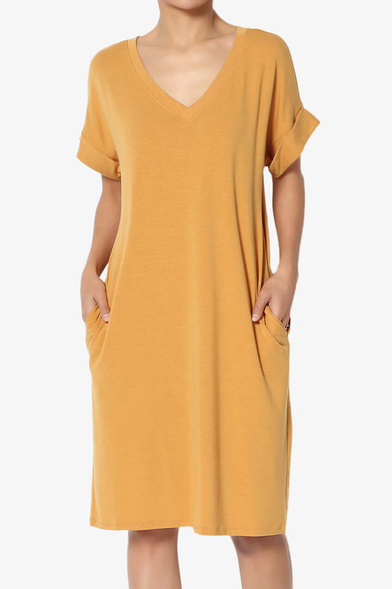 Cliff Rolled Short Sleeve V-Neck Dress GOLDEN MUSTARD_1