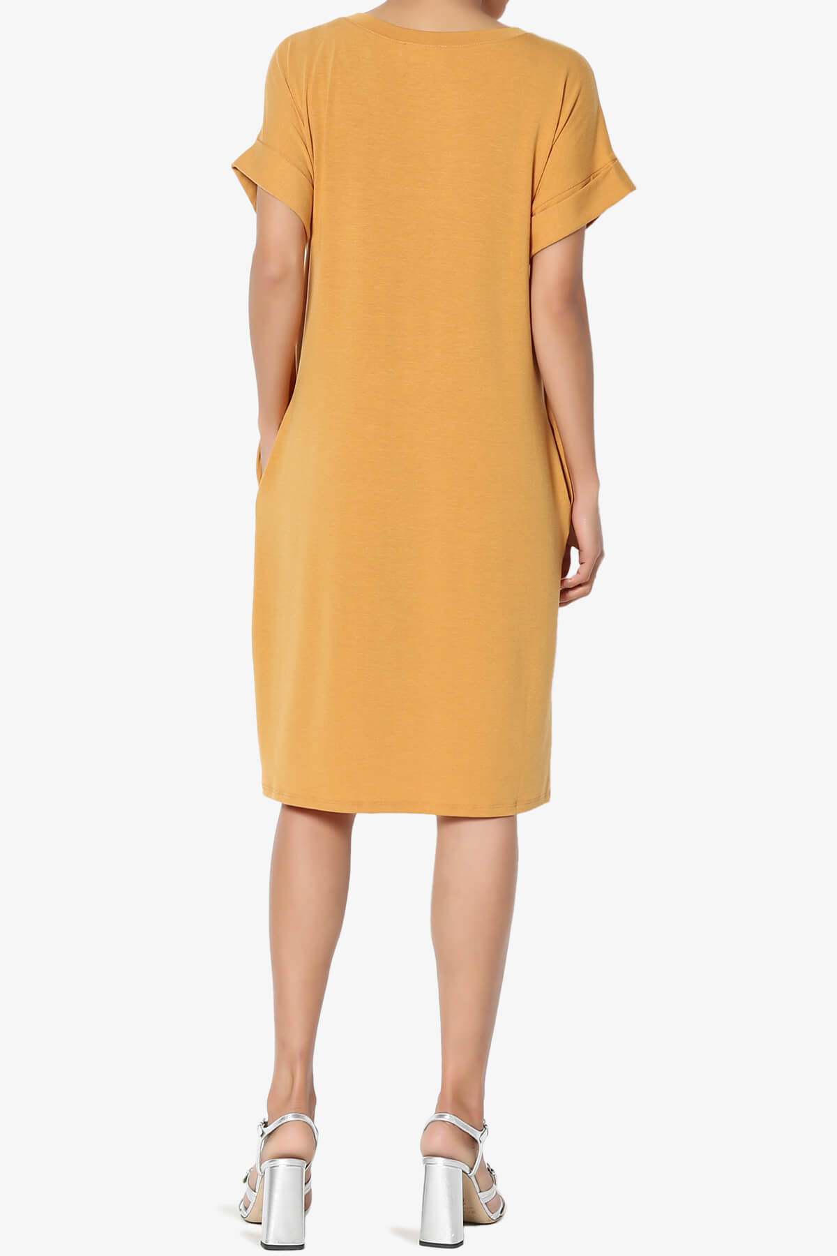 Cliff Rolled Short Sleeve V-Neck Dress GOLDEN MUSTARD_2