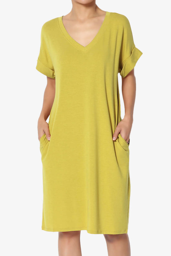 Cliff Rolled Short Sleeve V-Neck Dress GOLDEN WASABI_1