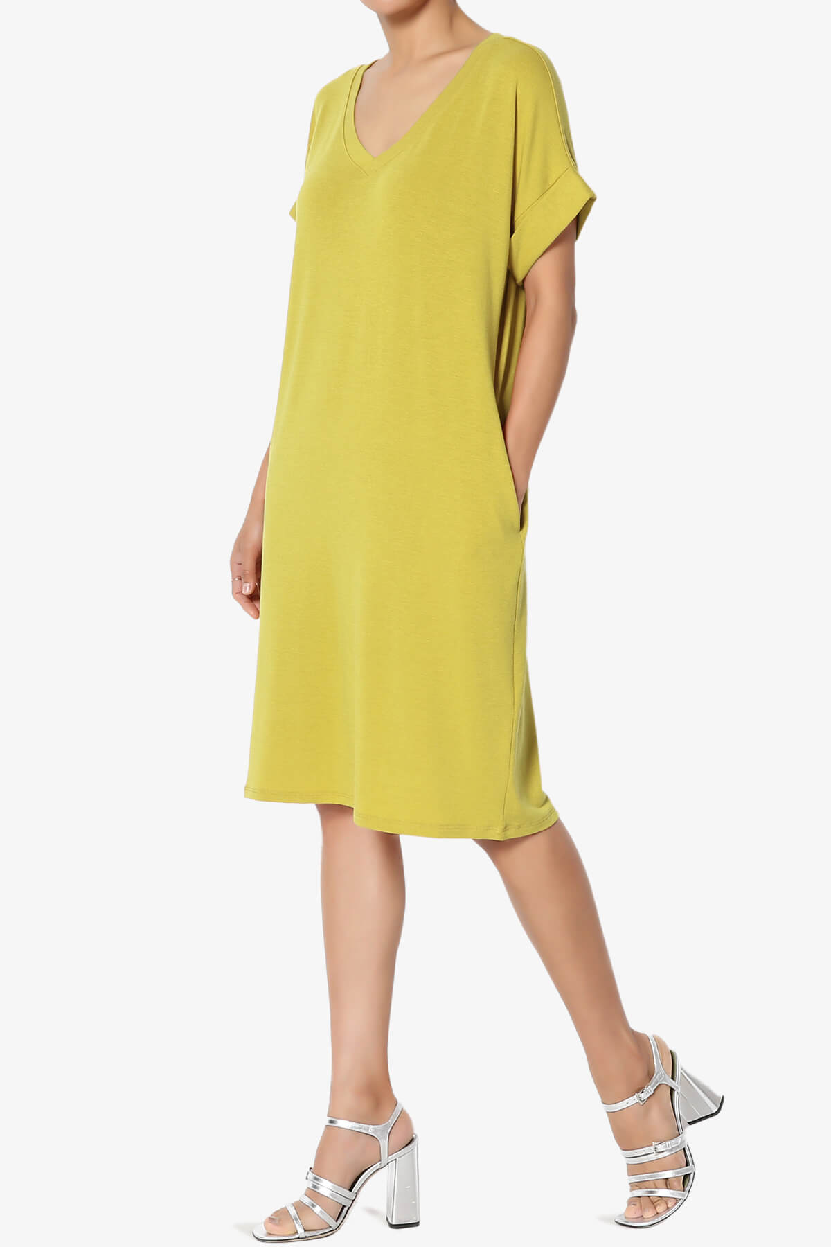 Cliff Rolled Short Sleeve V-Neck Dress GOLDEN WASABI_3