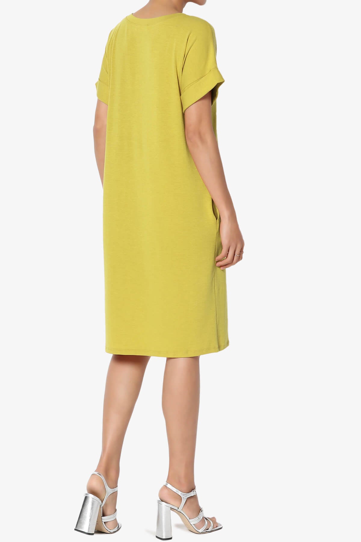 Cliff Rolled Short Sleeve V-Neck Dress GOLDEN WASABI_4