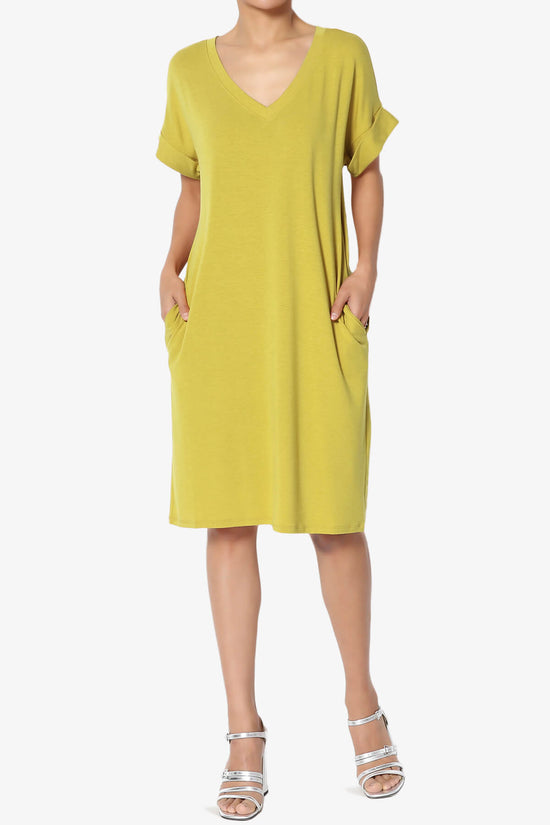 Cliff Rolled Short Sleeve V-Neck Dress GOLDEN WASABI_6