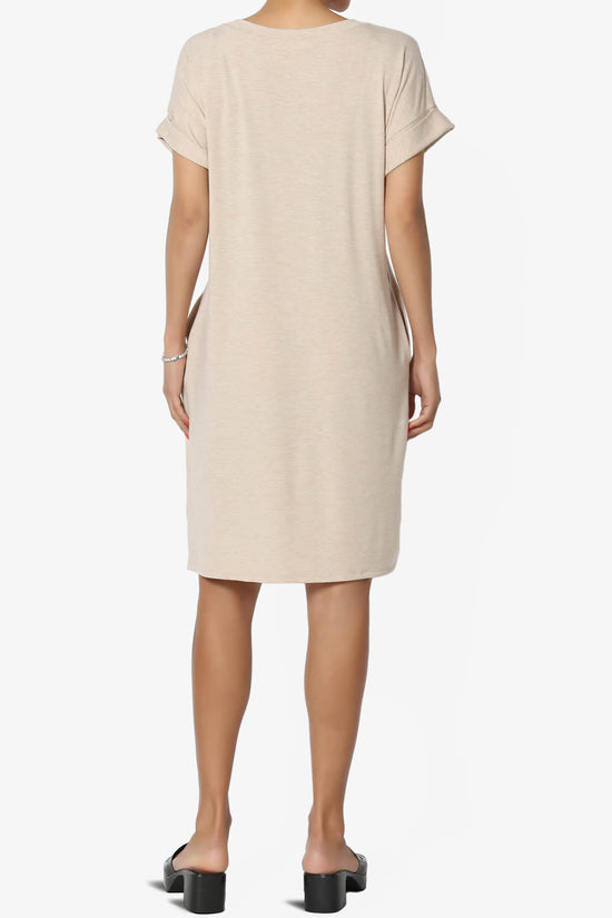 Cliff Rolled Short Sleeve V-Neck Dress HEATHER BEIGE_2