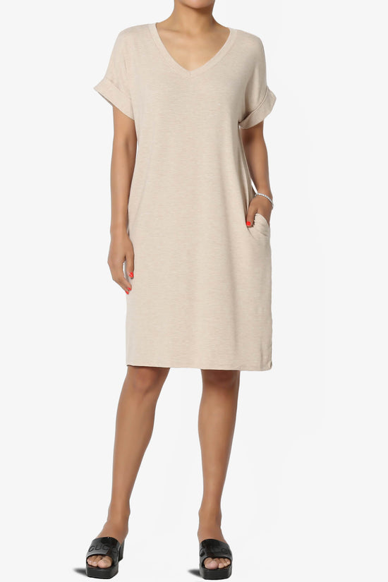 Cliff Rolled Short Sleeve V-Neck Dress HEATHER BEIGE_6