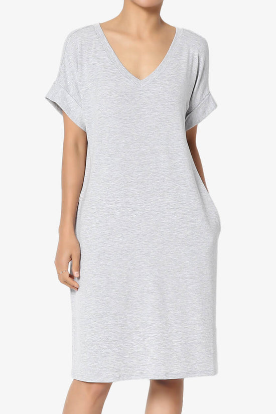 Cliff Rolled Short Sleeve V-Neck Dress HEATHER GREY_1