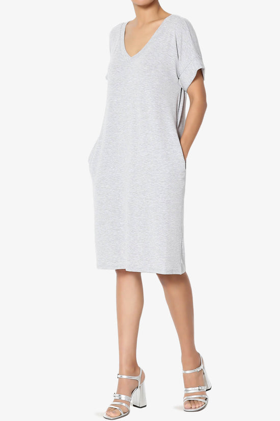Cliff Rolled Short Sleeve V-Neck Dress HEATHER GREY_3