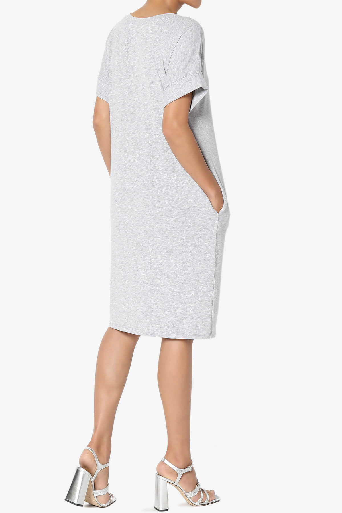 Cliff Rolled Short Sleeve V-Neck Dress HEATHER GREY_4