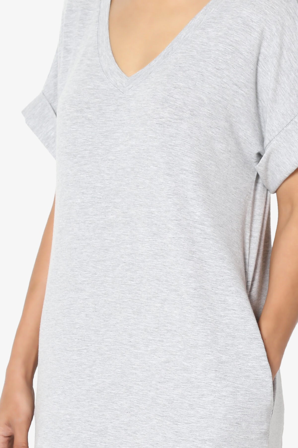 Cliff Rolled Short Sleeve V-Neck Dress HEATHER GREY_5