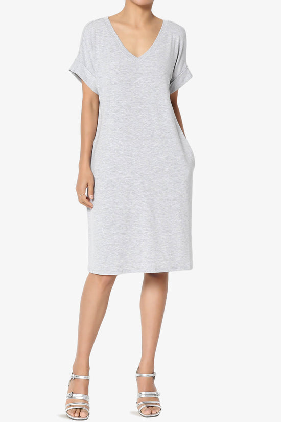 Cliff Rolled Short Sleeve V-Neck Dress HEATHER GREY_6