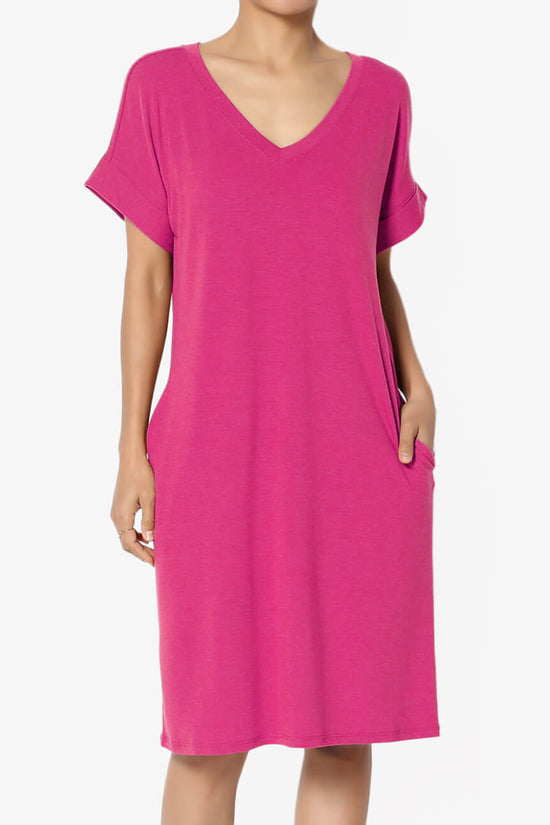 Cliff Rolled Short Sleeve V-Neck Dress HOT PINK_1