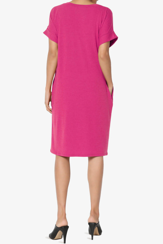 Cliff Rolled Short Sleeve V-Neck Dress HOT PINK_2