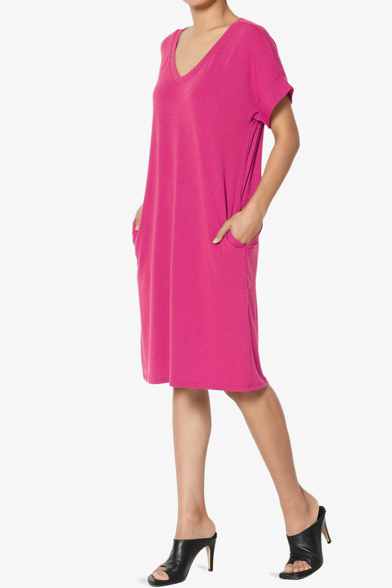 Cliff Rolled Short Sleeve V-Neck Dress HOT PINK_3