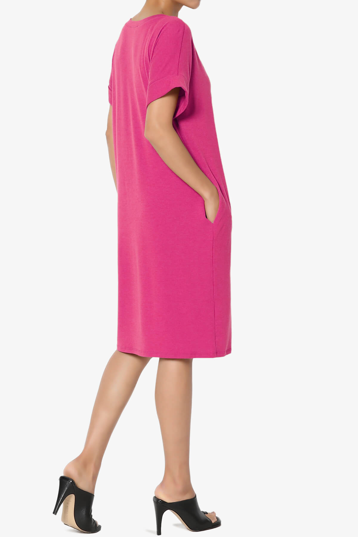 Cliff Rolled Short Sleeve V-Neck Dress HOT PINK_4