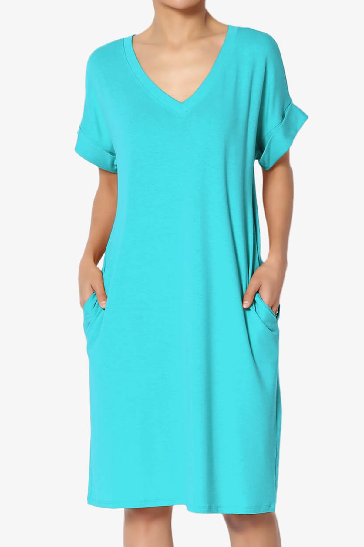 Cliff Rolled Short Sleeve V-Neck Dress ICE BLUE_1