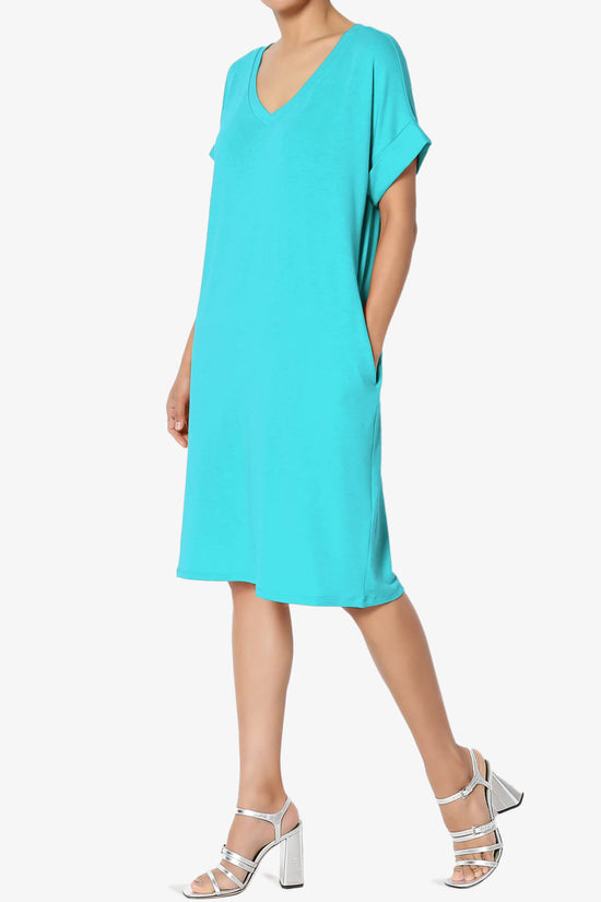 Cliff Rolled Short Sleeve V-Neck Dress ICE BLUE_3