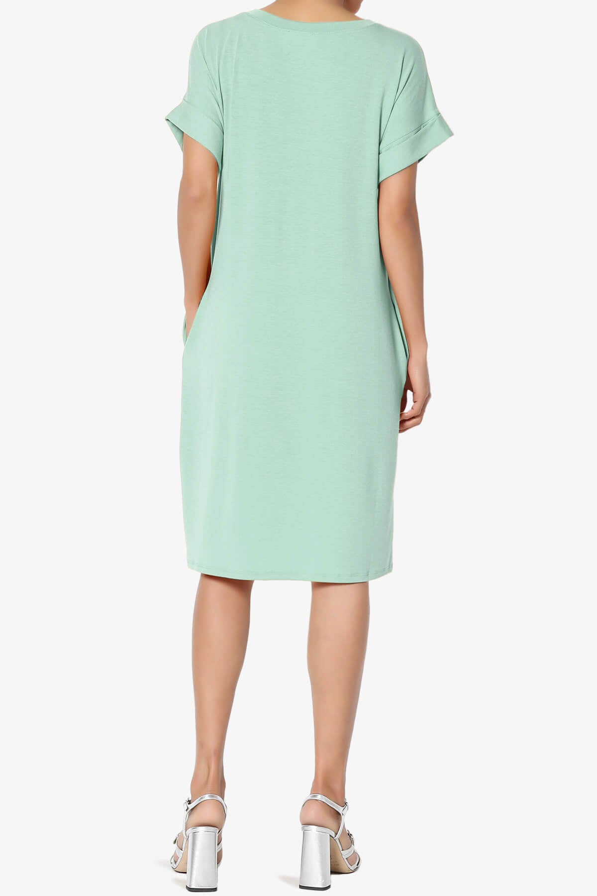 Cliff Rolled Short Sleeve V-Neck Dress LIGHT GREEN_2