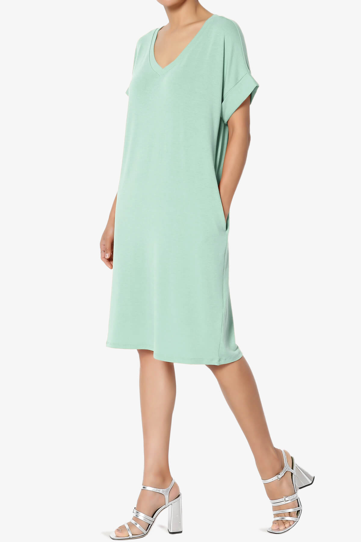 Cliff Rolled Short Sleeve V-Neck Dress LIGHT GREEN_3